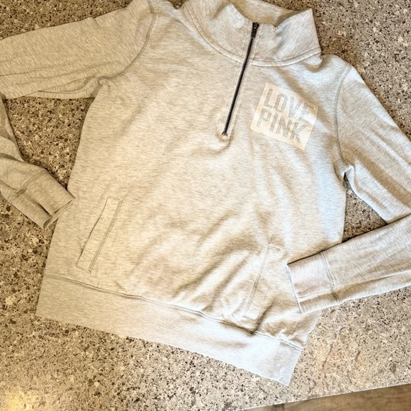 Victoria's Secret Tops - Victoria's Secret PINK Quarter Zip-Up Sweatshirt - Size S - Light Grey  ⭐💖